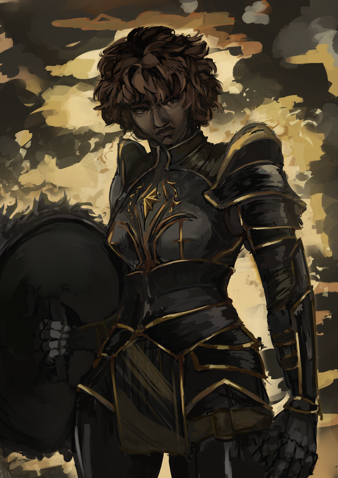 Chevalier en armure sombre, fond jaune sombre.