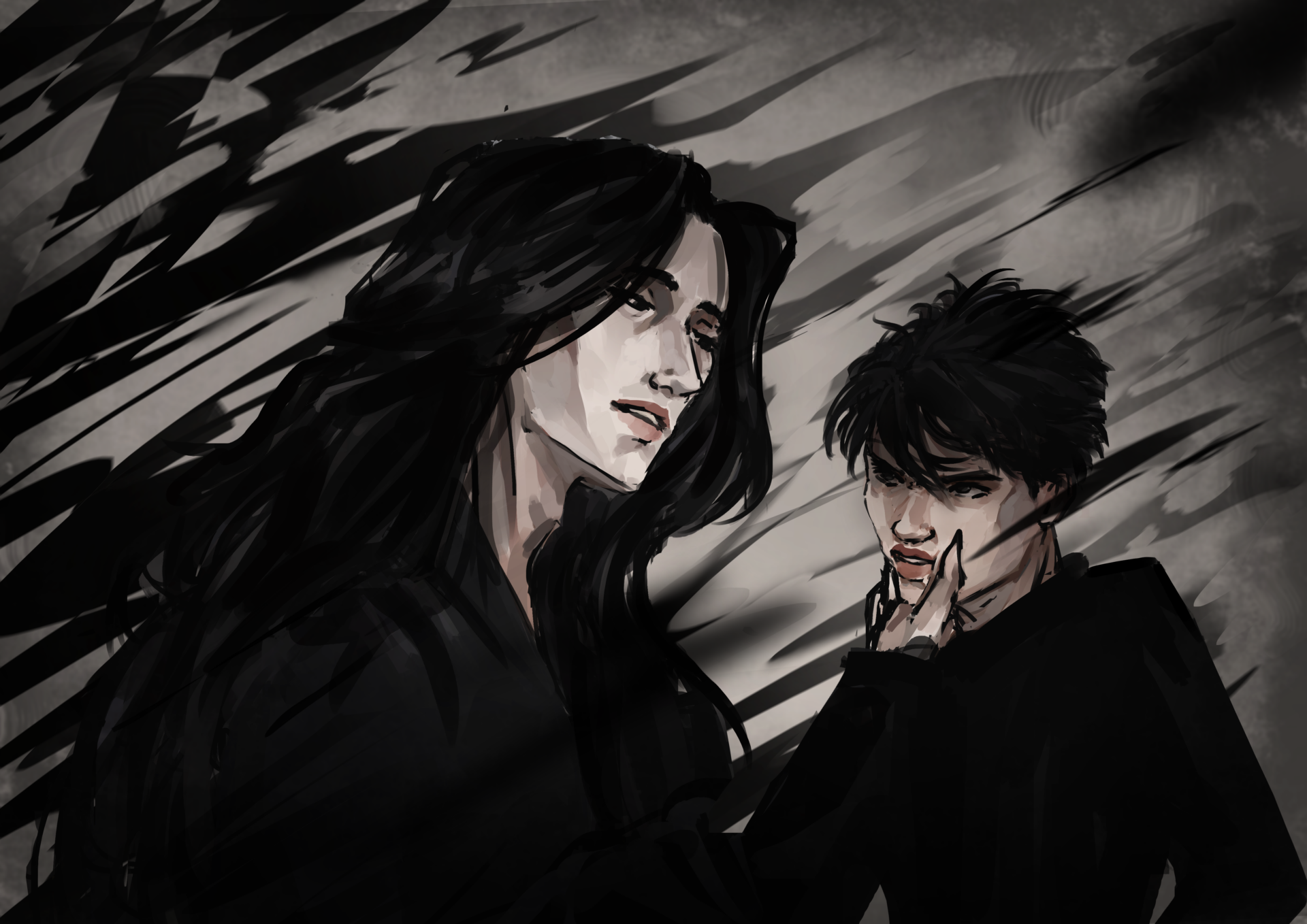 Illustration sombre de deux personnes en noir.